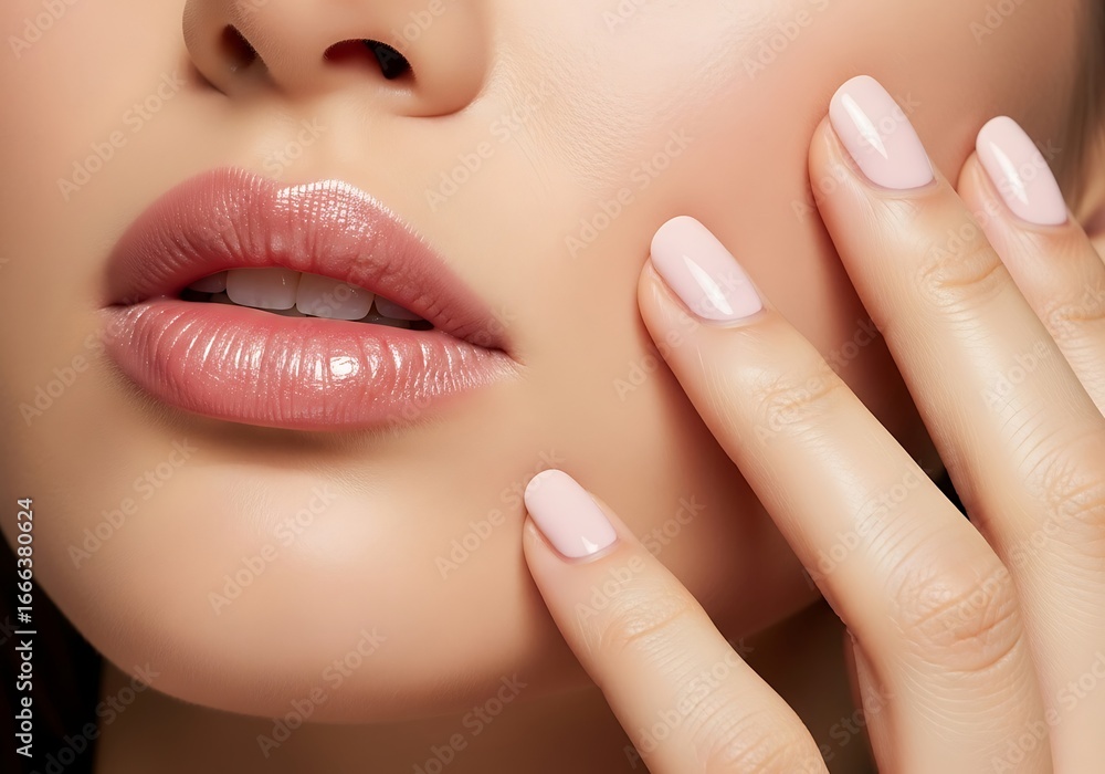 Fototapeta premium Close-up of womans face with light pink lips and nails.