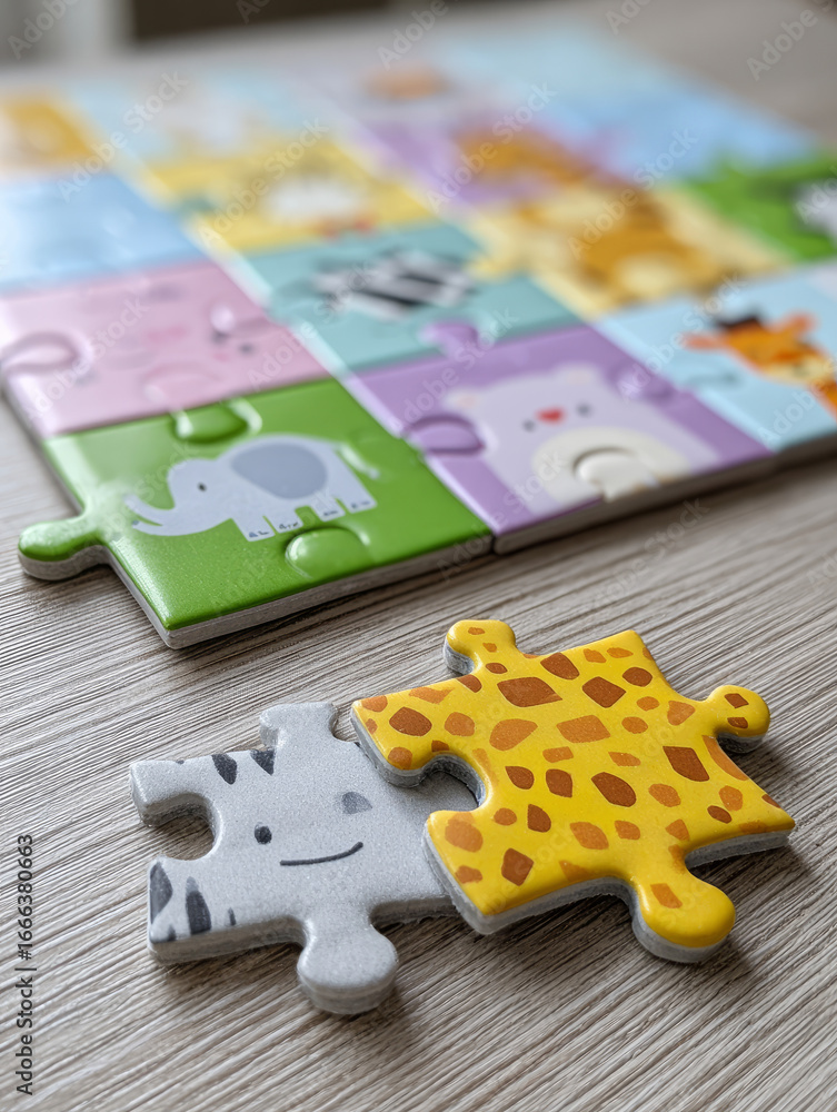 Fototapeta premium Colorful animal puzzle pieces on a wooden table.