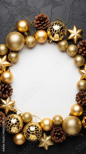 Golden Christmas wreath with baubles, stars and pinecones on black background, festive holiday decoration flat lay design