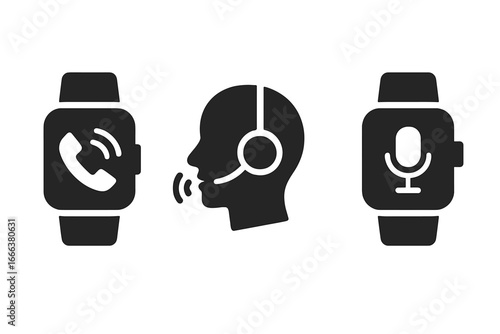 Glyph icons of smartwatch showing phone call, voice assistant, and a head with headset for push-to-talk communication. Wearable technology concept vector illustration.