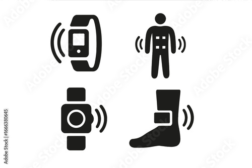 Wearable tech glyph icons. Haptic feedback suit, smartwatch, and body sensor vector icon set. Smart band, wrist and ankle device for health and fitness tracking. Solid pictograms.