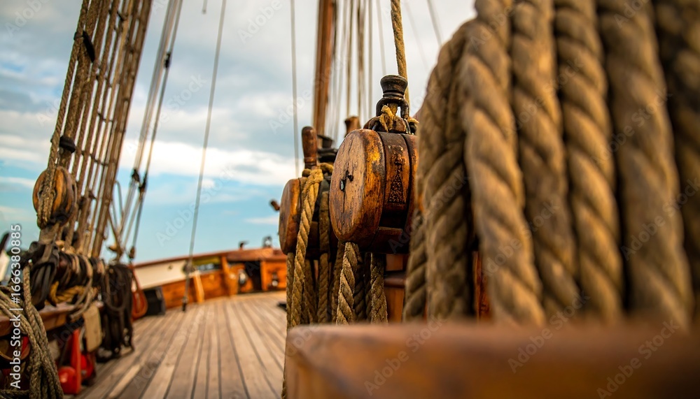 Obraz premium Close-up view of aged wooden ship's rigging, featuring intricate pulleys and thick, weathered ropes, creating a sense of maritime history and craftsmanship.
