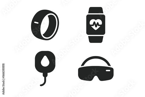Wearable technology glyph icon set. Smart ring, fitness tracker, biometric patch, AR headset. Health monitoring and activity tracking symbols. Solid vector illustration.