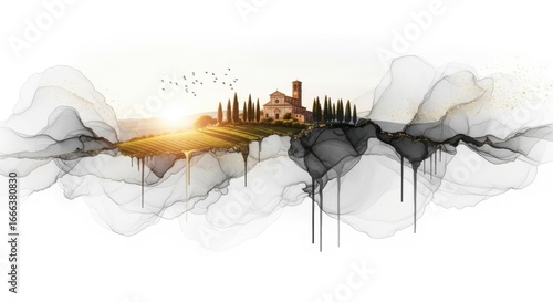 Serene Tuscan Landscape with Rustic Villa and Vineyard at Sunset