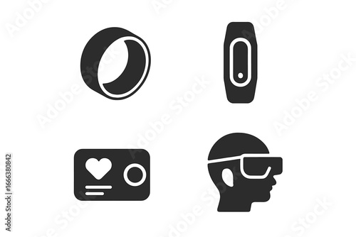Wearable technology solid glyph icon set. Includes smart ring, fitness tracker, biometric sensor patch, AR VR headset. Health activity tracking device vector symbols.