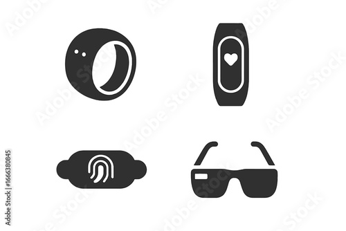 Wearable technology solid glyph icon set. Smart ring, fitness tracker, biometric patch, AR headset. Health monitoring, activity tracker, smart device pictogram symbols.