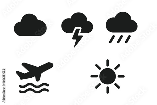 Weather and flight conditions vector icon set. Solid glyph pictograms for aviation and meteorology forecast. Sun, cloud, rain, storm, lightning, airplane turbulence.