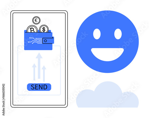 Mobile screen with digital wallet, cryptocurrency coins, send button, positive happy face, and cloud. Ideal for fintech, crypto trading, online payments, savings tech apps modern banking simple