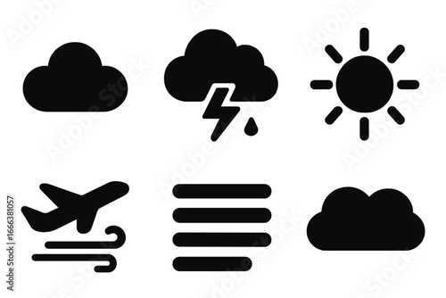 Weather and flight conditions icon set. Solid glyph symbols for aviation forecast. Vector collection of plane turbulence, wind, fog, thunderstorm, rain, sun, and cloud icons.