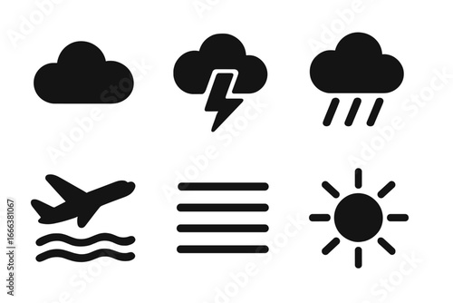 Weather and flight conditions icon set. Solid glyph pictograms for aviation meteorology forecast. Vector symbols for cloud, storm, rain, sun, turbulence, and fog conditions.