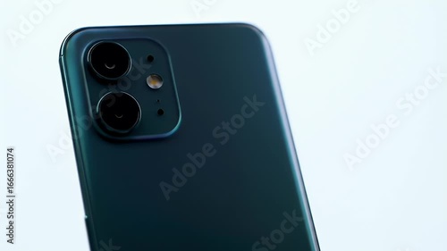 Modern Dark Smartphone with Dual Camera System on White Background. Close-up of Mobile Phone Back Featuring Advanced Lenses and Sleek Design for Ph...