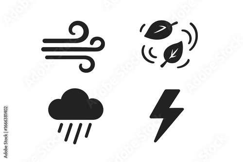 Weather icon set solid glyph pictogram collection. Wind gust, swirling autumn leaves, rain cloud, and lightning bolt symbols for meteorology forecast or climate web app.