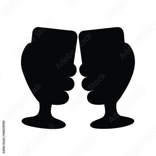 Two black silhouettes of glasses clinking together symbolizing a celebration toast