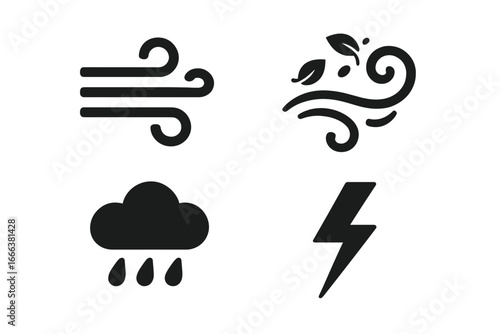 Weather icon set vector collection. Solid black glyphs for meteorology. Wind gust, autumn breeze, swirling leaves, rain cloud, storm, lightning bolt. Climate forecast symbols.