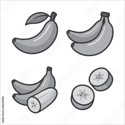 Monochromatic banana illustration featuring whole fruit clusters and sliced segments on a clean white backdrop graphic resource
