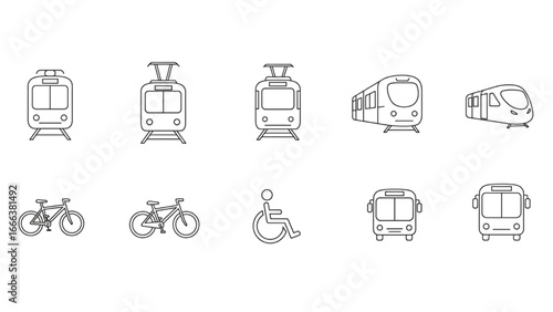 Public Transport Line Icons Set – Metro, Tram, Train, Bus, Bicycle, Wheelchair Accessibility