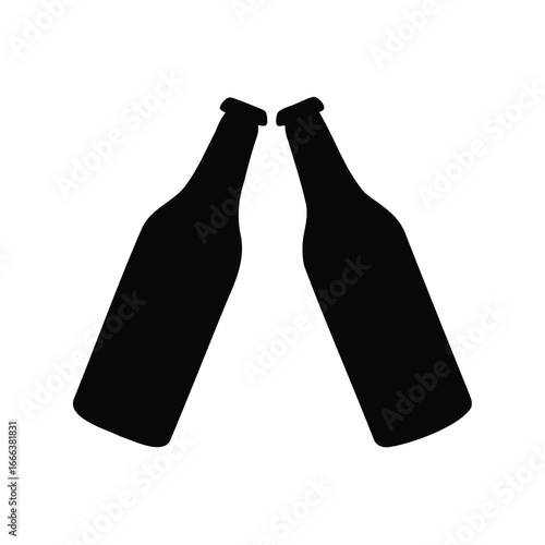 Two beer bottles clinking in celebration black silhouette illustration