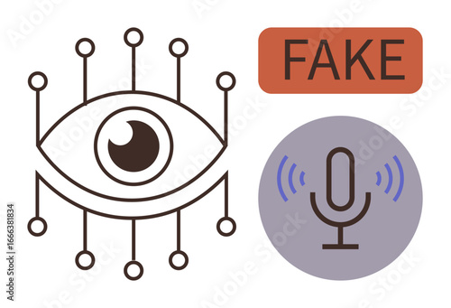 Eye with network lines, microphone icon with sound waves, and fake label. Ideal for AI ethics, misinformation, digital surveillance, audio deepfake, technology misuse, cybersecurity simple flat