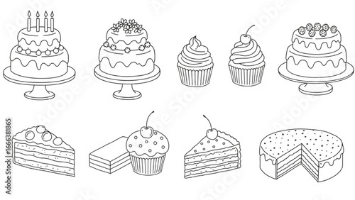 Vector Dessert Line Icons Set Cakes, Cupcakes, Pastries, Sweets, Bakery Illustration