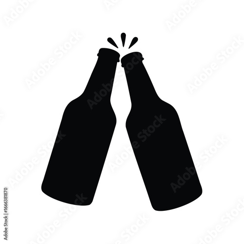 Two beer bottles clinking in a celebratory toast, simple black silhouette