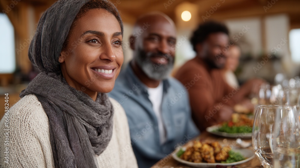 Fototapeta premium A diverse group of friends sharing a meal in a warm, inviting atmosphere. The scene captures joy and connection among them.