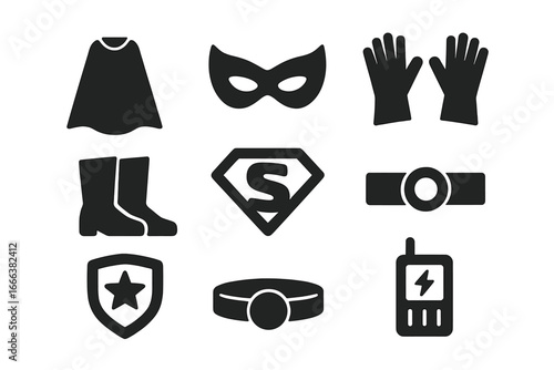 Superhero solid glyph icon set. Hero costume accessories collection. Includes cape, mask, gloves, boots, shield, emblem, belt, communicator. Power and justice concept.
