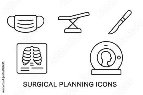 Surgical planning and medical procedure icons set. Outline vector illustration of surgery mask, operating table, scalpel, x-ray, CT scan, hospital equipment, surgical tools, healthcare concept