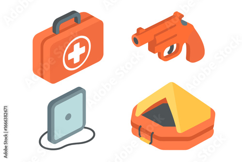Isometric Survival Gear Icons Set with Safety Essentials Including First Aid Kit, Flare Gun, Signal Mirror, and Life Raft for Emergency Preparedness and Outdoor Adventure