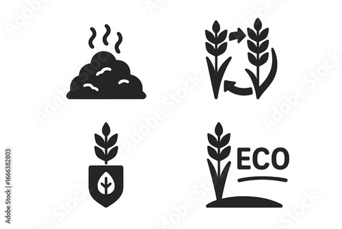 Sustainable farming icons set with compost heap, crop rotation, protective seed growth, and eco-friendly barley field symbols. Solid filled vector illustration on transparent background