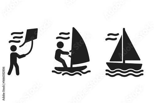 Wind Activity Icons Solid Filled Vector Set of Outdoor Wind-Related Sports and Leisure Activities Including Kite Flying, Windsurfing, Sailing Boat, Transparent Background