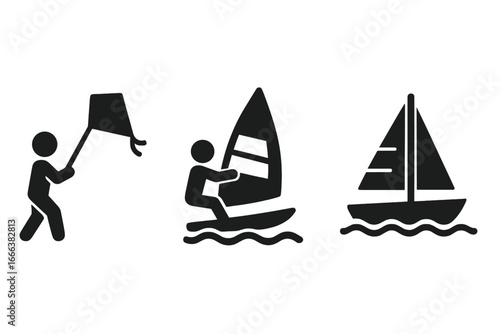 Wind Activity Icons Solid Filled Vector Set of Outdoor Wind Sports and Recreation Including Kite Flying, Windsurfing, and Sailing Boat Illustration on Transparent Background
