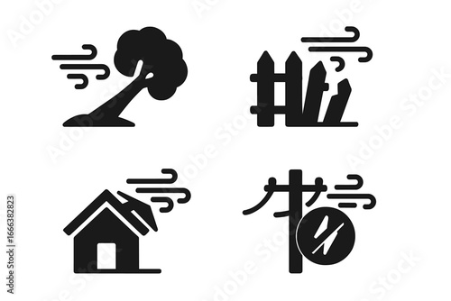 Solid filled wind damage icons set illustrating strong wind impact on infrastructure with fallen tree, broken fence, damaged roof, power outage symbols, vector transparent design