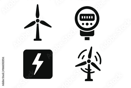 Wind Energy Icon Set Grid, Solid Black Filled Vector Symbols of Wind Turbine, Energy Production, Electrical Meter, Voltage Bolt, Renewable Power Concept Illustration