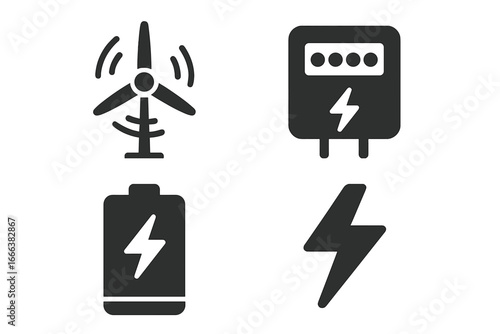 Solid filled vector icon set of renewable wind energy production, spinning turbine, energy meter, battery with lightning bolt, and electric power symbols on transparent background