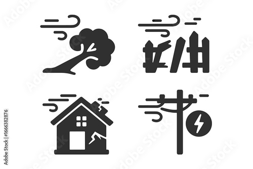 Wind damage icons solid filled vector set showing impact of strong wind on infrastructure with fallen tree, broken fence, damaged roof, power outage and electrical pole disruptions