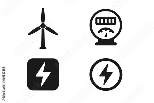 Wind Energy Icons Grid. Solid filled vector icon set of wind turbine, energy meter, electric voltage symbols, renewable power generation concept on transparent background