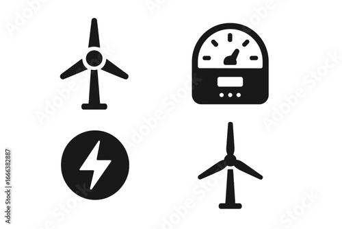 Wind Energy Icons Set. Solid Black Filled Vector Symbols of Wind Turbine, Renewable Energy Meter, Electrical Voltage, Power Generation, Sustainable Green Energy Concept Illustration