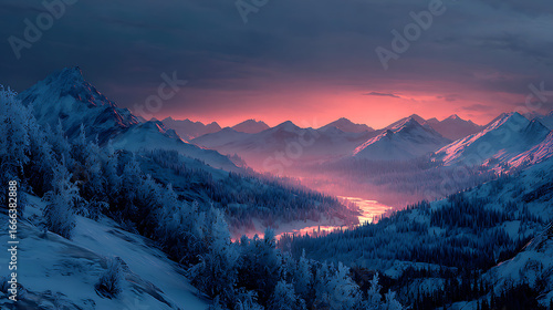 Majestic winter landscape at dusk with snow-covered mountains and a serene river view