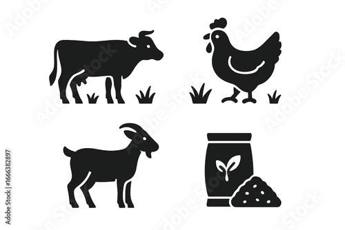 Sustainable farming icons solid filled vector set featuring pasture cow, free-range chicken, goat, natural feed bag, eco-friendly livestock agriculture symbols