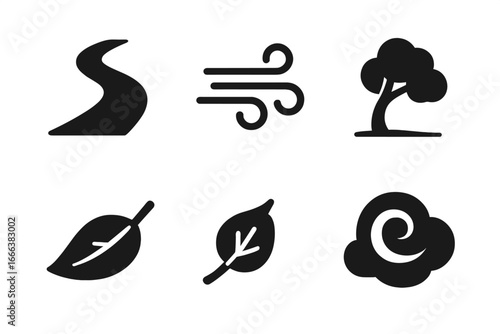 Windy path icons solid filled vector set of winding road, gusts of wind, swaying tree, fallen leaves, swirling cloud elements, minimal nature symbols illustration on transparent background