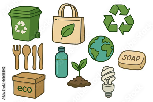 Eco-friendly icon set for sustainability and green living. Vector collection of recycling bin, tote bag, planet earth, and zero waste items. Go green concept illustration.