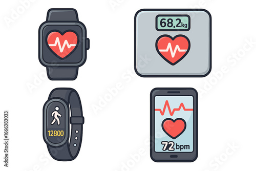 Health monitoring icon set. Fitness tracker, smartwatch, smart scale, phone app for wellness. Vector cartoon illustration of heart rate, steps, weight for healthcare.