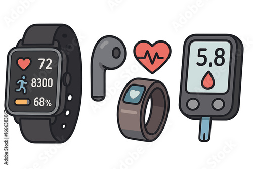 Health monitoring devices for personal wellness and fitness tracking. Vector icon set with smartwatch, smart ring, glucometer for diabetes and heart rate pulse monitor.