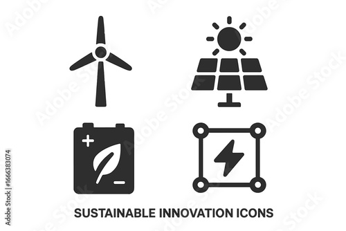 Sustainable Innovation Icons Set, Solid Filled Vector Symbols of Eco Wind Turbine, Solar Panels, Green Battery, Smart Energy Grid for Renewable Power and Clean Technology