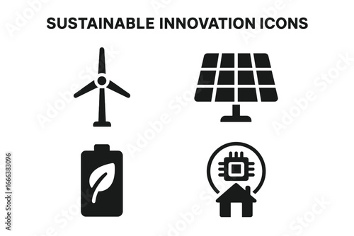 Sustainable innovation icons vector set, filled solid style with wind turbine, solar panel, eco battery and smart grid technology symbols, clean energy and green technology concept