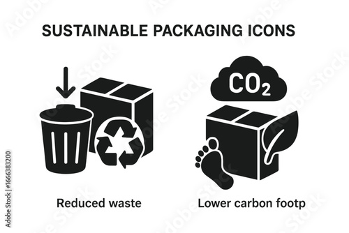 Solid Filled Icon Set of Sustainable Packaging Benefits, Including Reduced Waste and Lower Carbon Footprint, Vector Illustration for Eco-Friendly Packaging Concepts