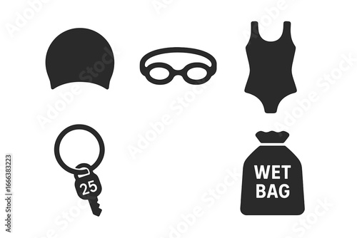 Solid Swimming Gear Icons Set with Swim Cap, Goggles, Swimsuit, Locker Key Band, and Wet Bag - Vector Swimming Pool Locker Room Equipment Symbols