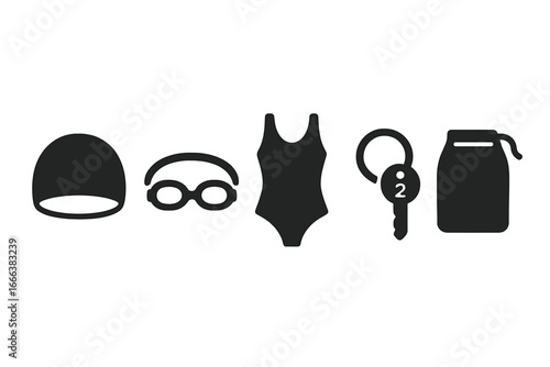 Solid Filled Swimming Gear Icon Set Featuring Swim Cap, Goggles, One-Piece Swimsuit, Locker Key Tag, and Wet Bag for Pool and Locker Room Essentials Vector Illustration