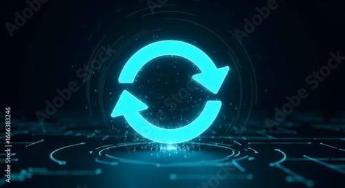 Wallpaper Mural Glowing blue refresh icon over a digital circuit background. Concept of system update, synchronization, data processing, recycling, or continuous workflow. Torontodigital.ca