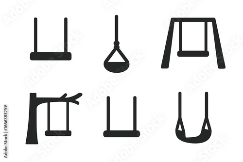 Swing icons grid set, solid black filled vector illustrations of empty wooden swings, rope swings, playground frames, tree branch swings, and empty seats for playground design